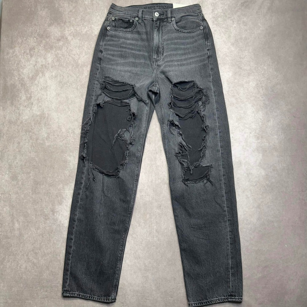 American Eagle Baggy Mom Jeans 4 27W High Rise Distressed Faded Black Denim